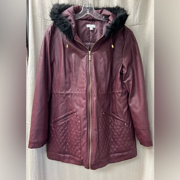 Susan Graver. Hooded coat / Maroon/ XL/  Zip Up /Faux Leather/ Faux Fur Hood - Picture 1 of 7